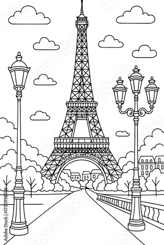 hand drawn vector doodle illustration of Eiffel Tower coloring page for kids line art
