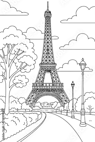 hand drawn vector doodle illustration of Eiffel Tower coloring page for kids line art