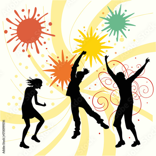 Silhouette of people dancing beneath colorful splashes. The image is intended to depict the use of generative AI tools.

