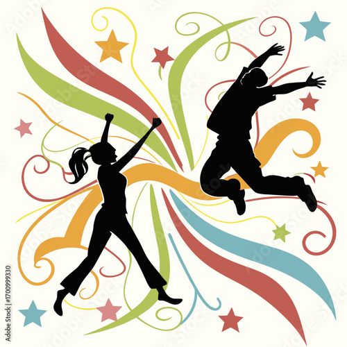 Two silhouetted people leap triumphantly amid colorful swirls and stars, conveying themes of success. This file is being reviewed by the AI content checker.

