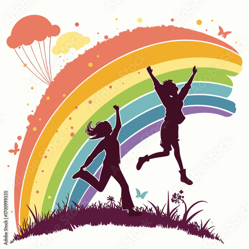 A rainbow forms an arch above black silhouettes of people jumping and dancing on green grass. A red parachute is in the upper left corner, adding to the festive mood.

