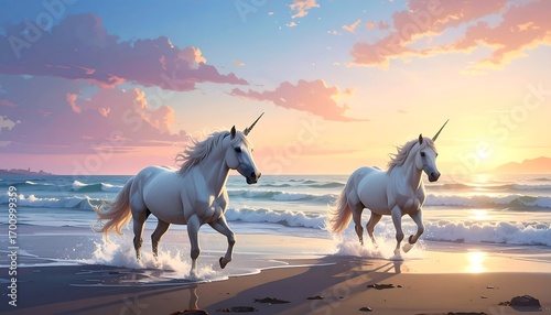 Two magnificent unicorns gallop along a sun-kissed beach at dawn, their white coats gleaming against the soft pastel colors of the sunrise.