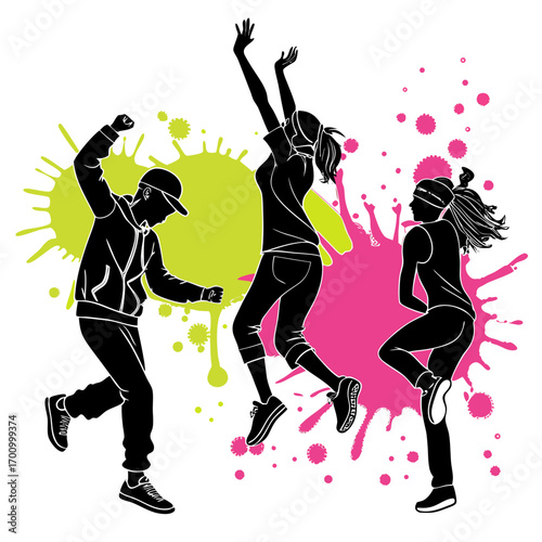 Three silhouettes dance against splattered paint. Their poses suggest movement and exuberance, perfect for illustrating an article on dance or creative expression.

