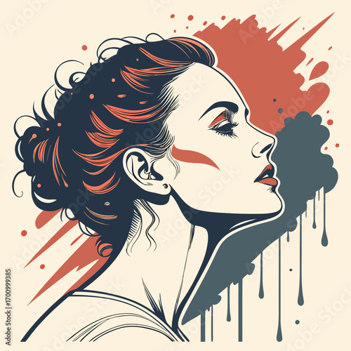 Stylized drawing of a woman's profile in front of splashes of color, with retro-style lines. The image is similar to others on the page, likely AI-generated content.

