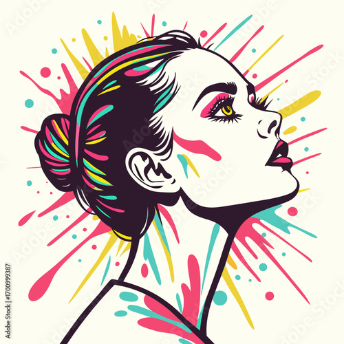 A vibrant illustration depicts a woman in profile, looking upwards. Colorful paint splashes surround her, accentuating her features and creating a sense of energy.

