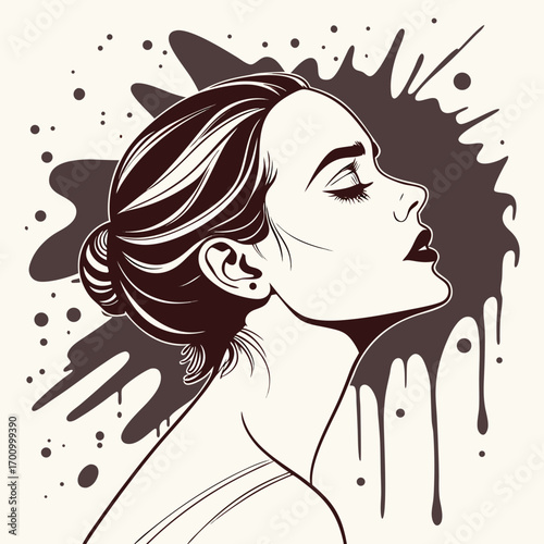Illustration of a woman's profile with a messy bun, against a splattered background. The artwork is vectorized, likely used for uploading as a file type.


