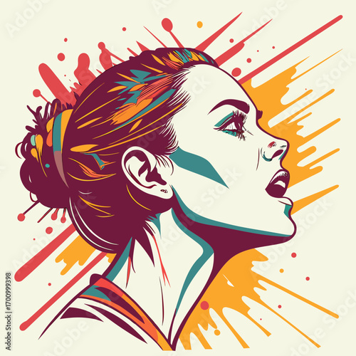 Illustration of a woman looking up. A bun hairstyle and paint splatter are visible in the artistic rendering.

