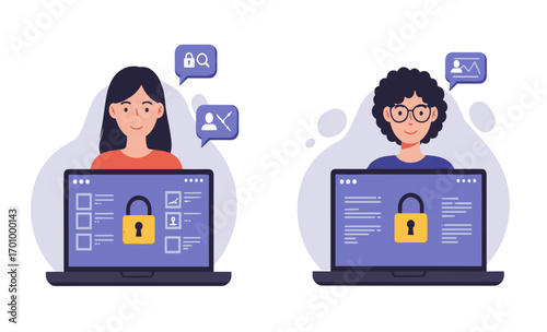 Two young women are working on their laptops, focusing on data privacy and online security, ensuring their information remains protected from cyber threats and vulnerabilities.