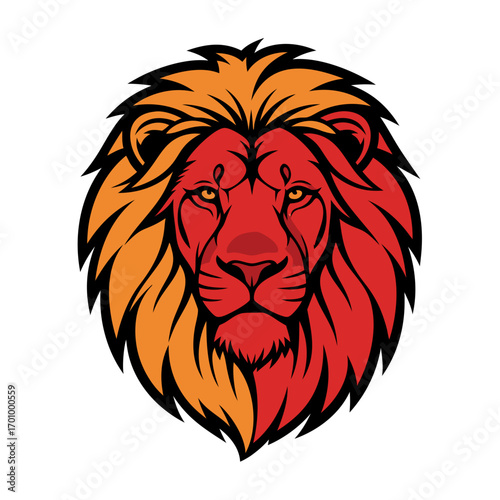 A powerful and stylized vector illustration of a lion's head. This fierce red and orange lion with a bold mane is ideal for a mascot, emblem, or logo representing strength, power, and courage.