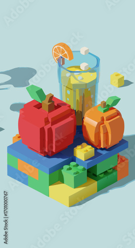 A colorful 3D illustration of an apple, orange, and fizzy juice built from toy bricks. This creative composition is stacked on multiple levels, featuring a blue translucent glass and bubbles.