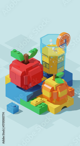 A creative 3D still life made from colorful toy bricks. An apple, an orange, and a glass of juice with ice cubes are assembled on a multi-level block platform. A fun, geometric concept.
