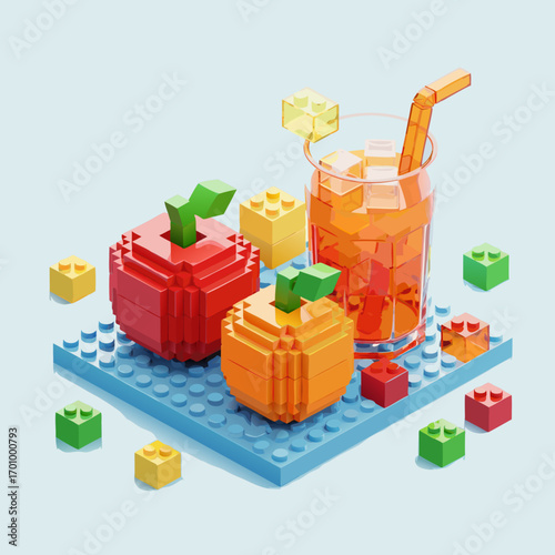 A realistic 3D render of fruit and juice made from toy blocks. The scene features apples and a glass of juice with transparent ice cubes on a blue baseplate. A creative and playful concept.