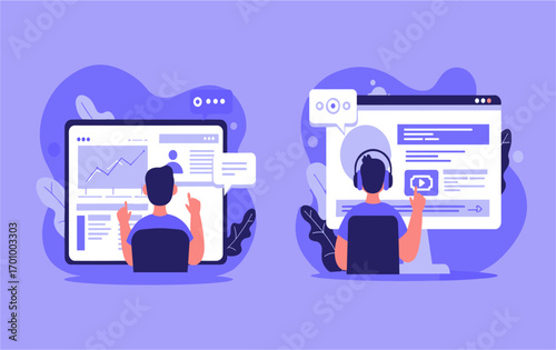 This vector illustration depicts two individuals interacting with digital interfaces, showcasing data analysis and online communication on a purple background.