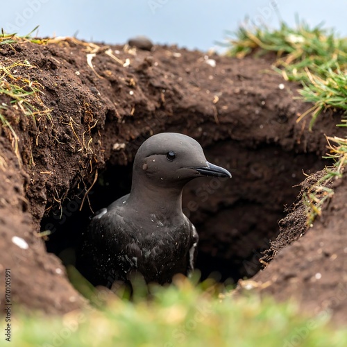 Dark-colored bird peering from a burrow in the earth.