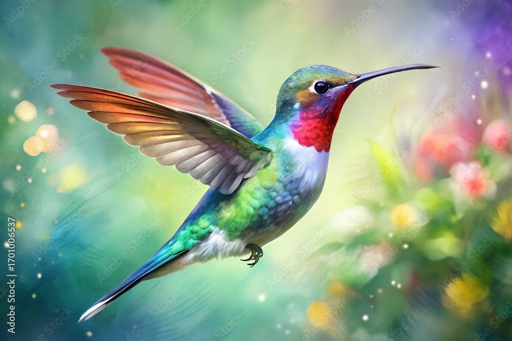 Fototapeta premium A vibrant hummingbird in flight, its iridescent feathers shimmering against a backdrop of colorful flowers, capturing the essence of natures beauty and grace
