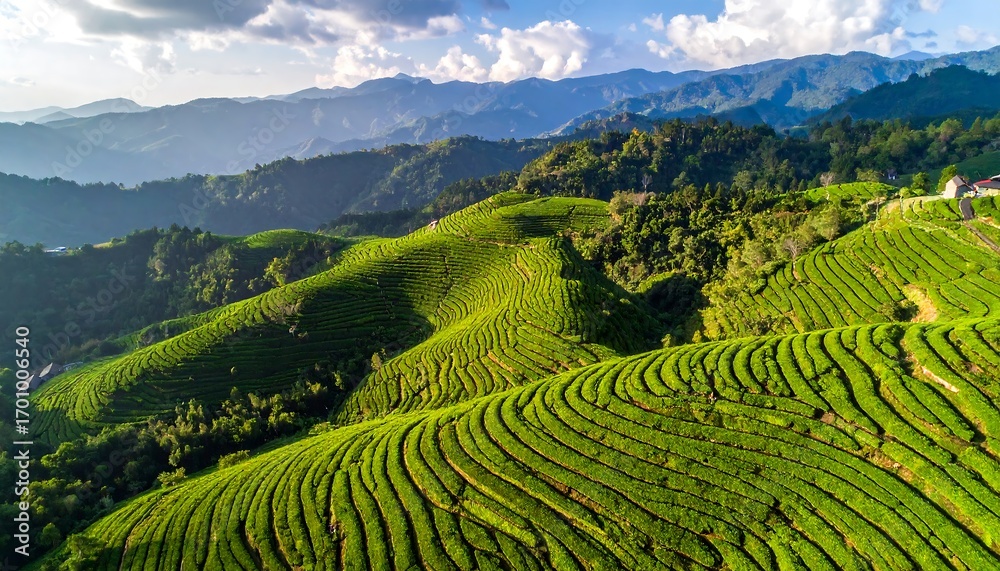 Fototapeta premium Expansive view of terraced tea plantations on rolling hills, bathed in sunlight.