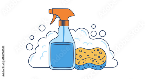 A vector illustration of a blue spray bottle and sponge surrounded by cleaning bubbles, perfect for representing cleaning products or services, creating a fresh, hygienic feel.