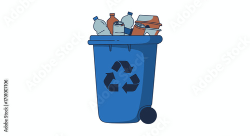 A blue recycling bin overflowing with plastic bottles, containers, and other waste, symbolizing environmental responsibility and waste management.