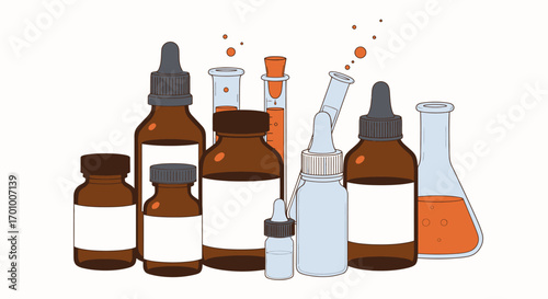 A vector illustration showcases a variety of laboratory bottles and beakers, perfect for scientific, pharmaceutical, and medical design projects with a clean, white background.