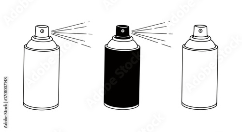 Clean vector line art depicts a set of three aerosol spray cans, with two white and one black, actively releasing a fine mist.