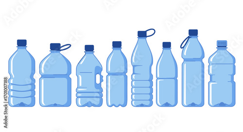 Collection of various transparent plastic bottles with blue caps and handles, showcasing different shapes and sizes for beverages.