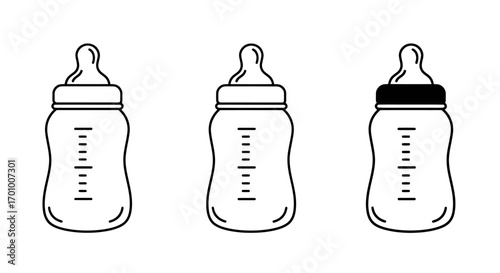 A set of three minimalist black and white line art vector illustrations depicting baby feeding bottles with measurement markings, isolated on a clean white background.