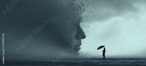 Surreal minimalist 3D scene of lone figure with umbrella in violent storm facing colossal male face in swirling storm clouds, dramatic silhouette lighting, double exposure, cinematic and introspective