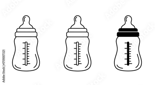 A set of three simple black and white line art vector baby bottle icons, perfect for illustrating infant feeding concepts on a transparent PNG background.