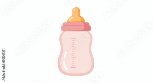 A cute pink baby bottle with a yellow nipple and measurement markings, isolated on a white background, perfect for baby care and feeding illustrations.