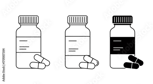 A collection of minimalist vector illustrations depicting various medicine bottles and pharmaceutical capsules, designed for health and medical graphic resources.