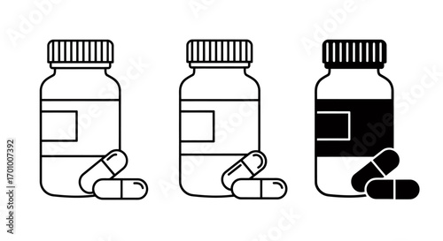 A vector illustration showcases three pill bottles, each with a different design, accompanied by individual capsules, perfect for healthcare, medical, and supplement-related projects.