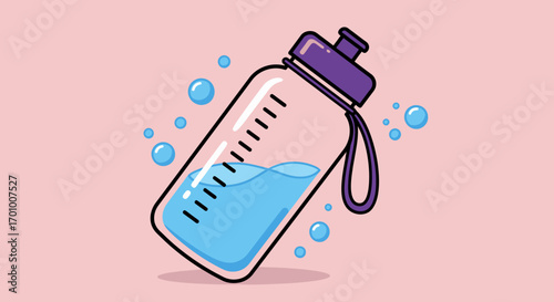A refreshing vector illustration of a water bottle filled with blue liquid and surrounding bubbles, perfect for hydration and healthy living, against a soft pink background.