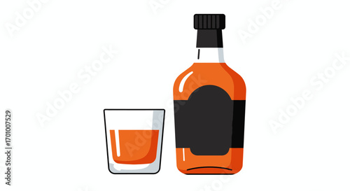A clear vector illustration of a glass bottle filled with amber liquid next to a shot glass of whiskey on a white background, perfect for beverage concepts.