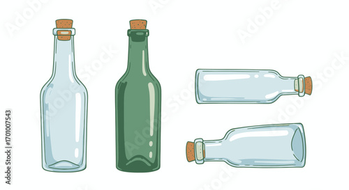 Set of four vector illustrations of empty glass bottles with cork stoppers, perfect for various design projects, available as high-quality PNG files for seamless integration into your work.  Download