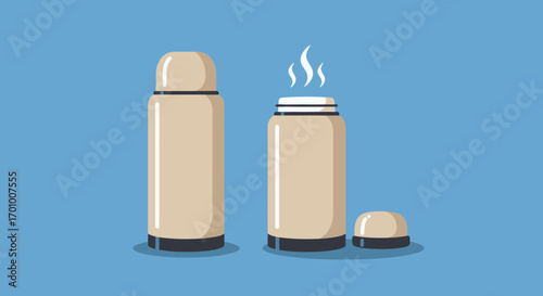 Two beige vacuum flasks, one closed and one open with steam rising, presented as a clean vector illustration on a blue background.
