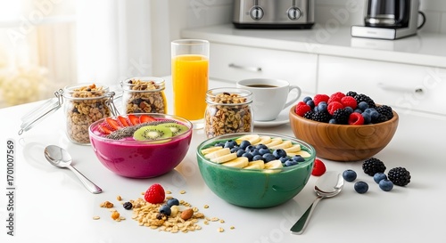 Modern kitchen countertop with smoothie bowls, granola, and berries styled for a healthy breakfast.