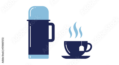 A sleek, modern navy blue thermos bottle stands beside a steaming cup of tea on a saucer, presented as a clean vector graphic.