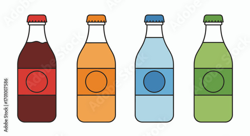 Collection of four colorful glass beverage bottles with labels, presented in a clean vector graphic style with transparent background.