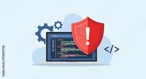 Security Warning on Laptop Screen with Code and Shield Icon