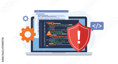Security Warning on Laptop Screen with Code and Shield Icon
