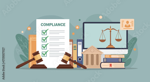 Compliance Checklist with Legal Documents, Gavel, and Law Office Supplies