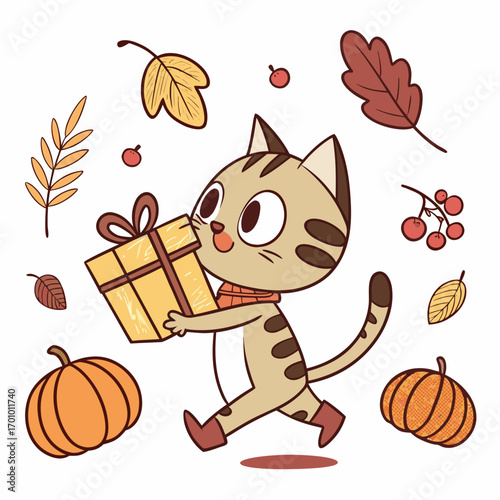 Cute SVG of a Excited Bengal Cat in Harvest Blessings colors, featuring carrying a gift box in a Thanksgiving setting