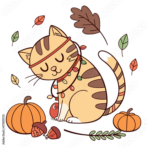 Harvest Blessings themed SVG: Peaceful Bengal Cat with wrapped in fairy lights in a Thanksgiving environment