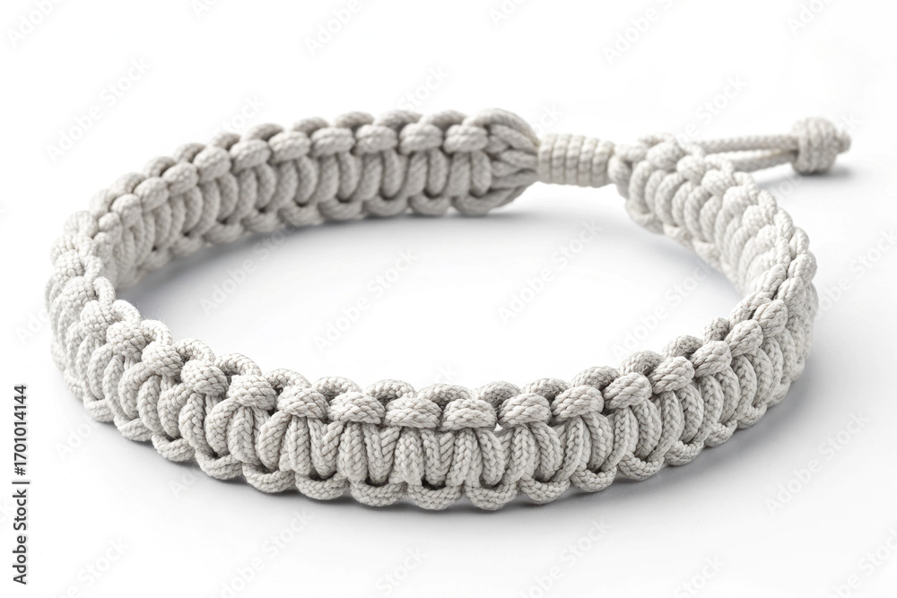 Obraz premium Stylish macrame bracelet with intricate knots displayed on white background. This macrame bracelet features durable material and a unique design that highlights craftsmanship.