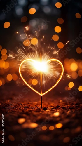 Heart-shaped sparkler emitting bright light and sparks, resting on dark ground with bokeh background, celebration, love.