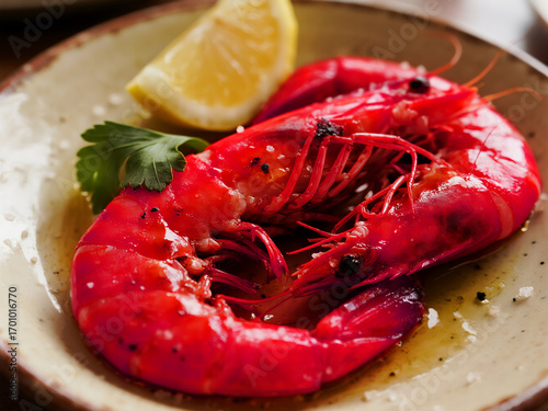 Juicy Spanish red prawn with lemon and herbs, full of ocean flavor