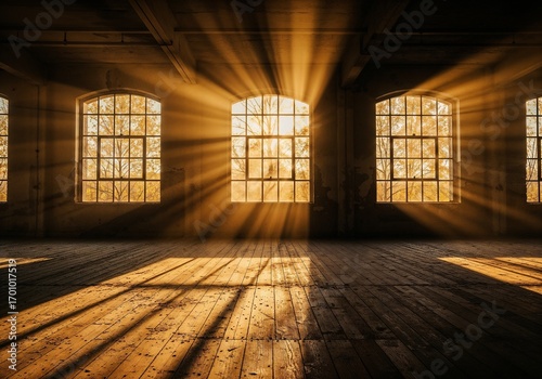 Image is a high-resolution photograph capturing an interior space with a rustic  industrial style. The layout features a series of large  arched windows along one wall  through which golden sunlight s