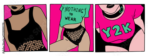 Vibrant vector illustration in pop art style, featuring three panels of a figure with Y2K fashion. Themes include casual rebellion with "NOTHING TO WEAR" and "Y2K" text. Colors are pink, teal, black.