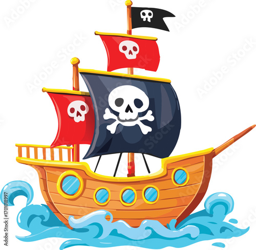 Playful Cartoon Pirate Ship Illustration with Smiling Sails and Whimsical Character Design Perfect for Children’s Stories, Adventure Themes, and Fun Educational Projects