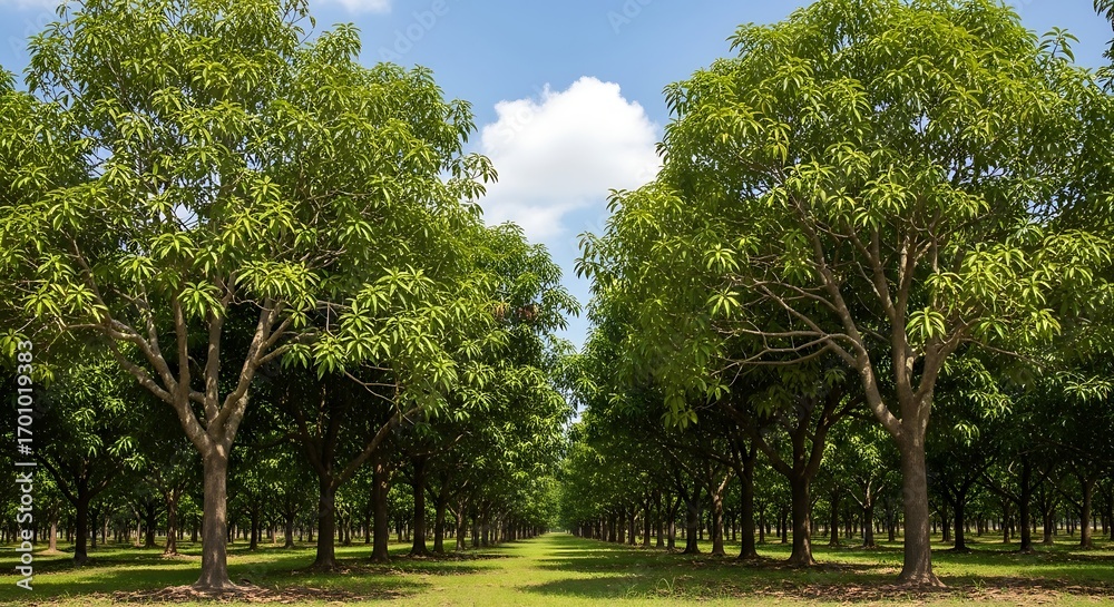 Obraz premium Mango Trees in a Row Under a Blue Sky.
